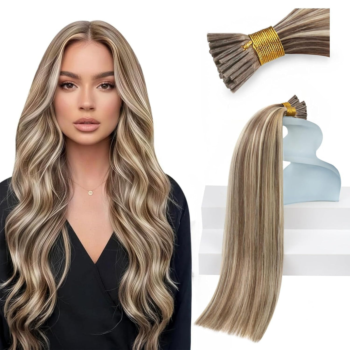 Sunny Hair I-Tip Hair Extensions front view with brown highlights