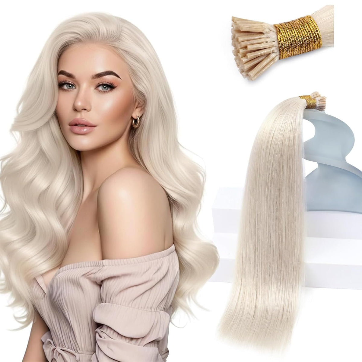 Sunny Hair I Tip Human Hair Extensions White Blonde front view