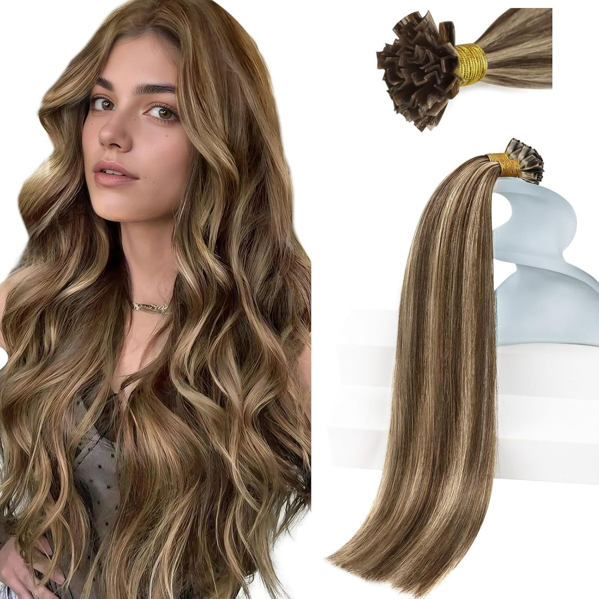 Sunny Hair K Tip Extensions 16 Inch Brown Blonde Highlights front view