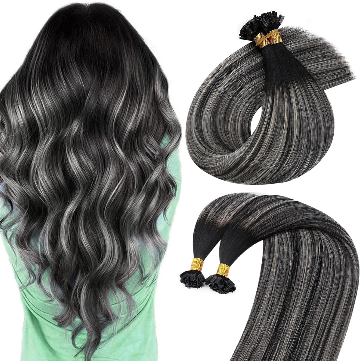 Sunny Hair K Tip Extensions Natural Black Ombre Silver Gray front view