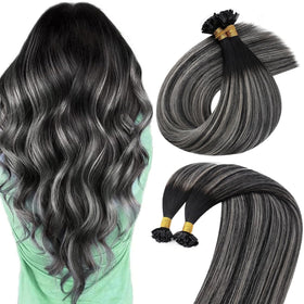 Sunny Hair K Tip Extensions Natural Black Ombre Silver Gray front view
