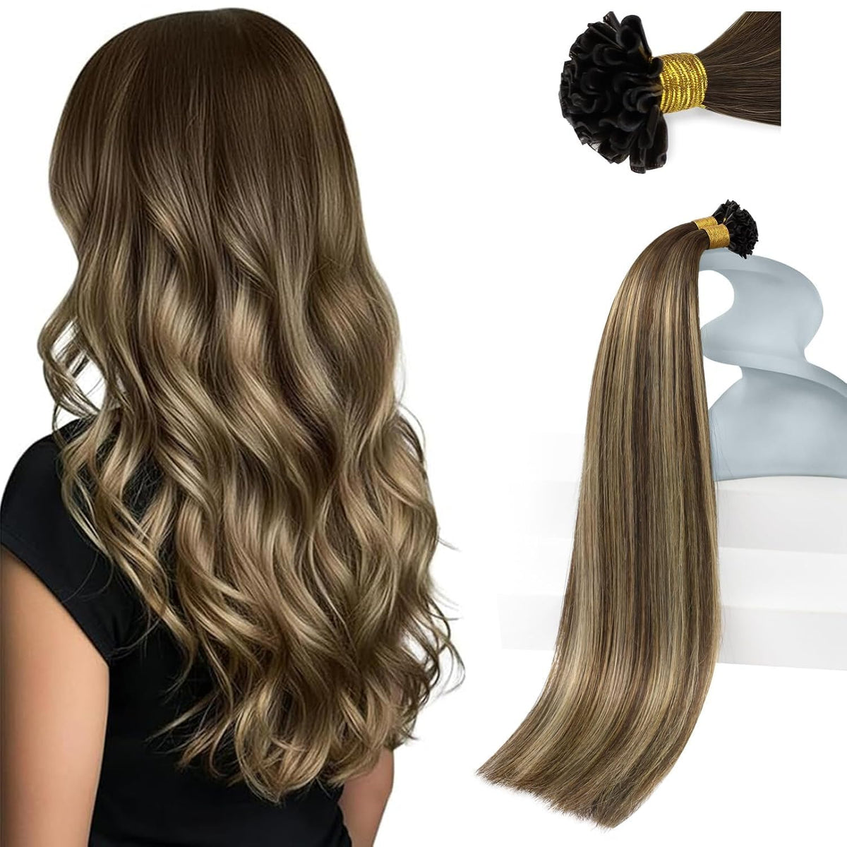 Sunny Hair K Tip Hair Extensions 14 Inch brown balayage front view