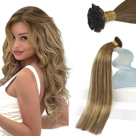 Sunny Hair K Tip Hair Extensions Brown Ombre Blonde front view