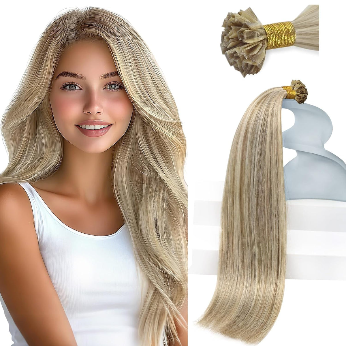 Sunny Hair K Tip Hair Extensions dark blonde highlights front view