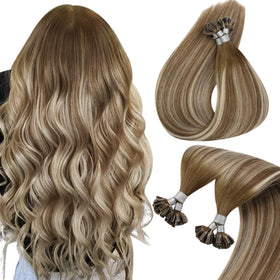 Sunny Hair K Tip Hair Extensions front view in brown balayage blonde