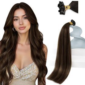 Sunny Hair K Tip Hair Extensions front view with brown balayage