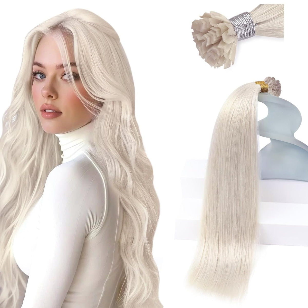 Sunny Hair K Tip Hair Extensions White Blonde 16 Inch front view