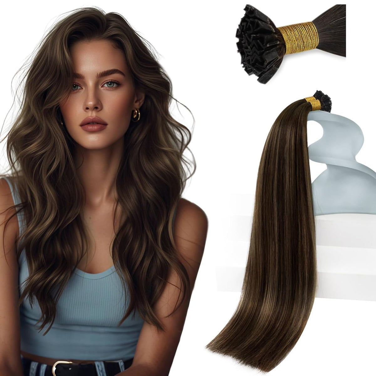 Sunny Hair K Tips Hair Extensions 16 Inch brown balayage front view