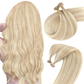 Sunny Hair Ktip Human Hair Extensions blonde highlights front view