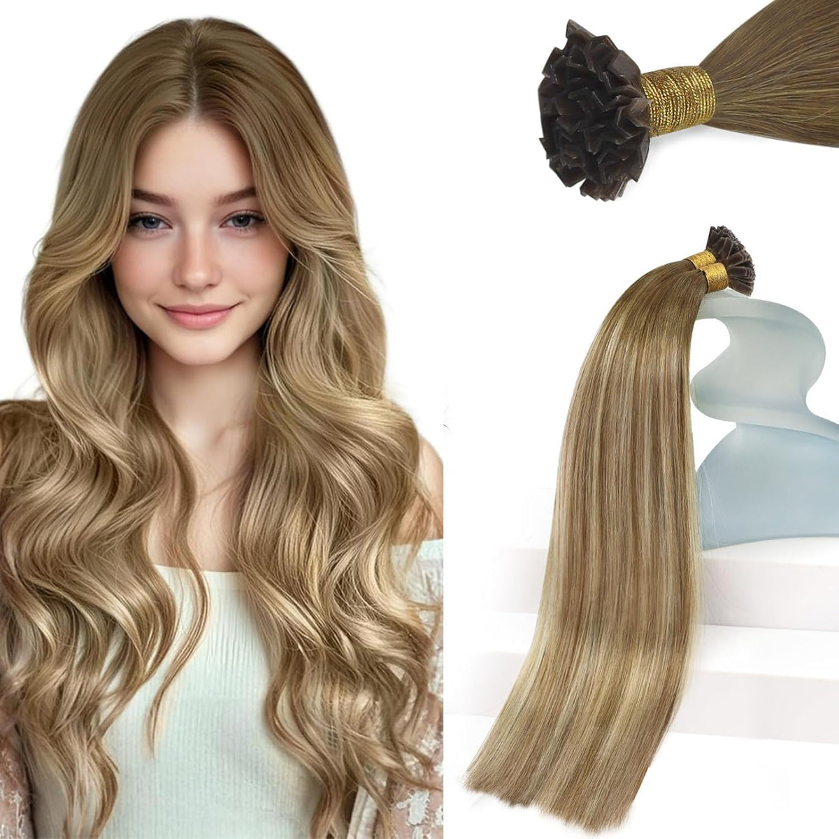 Sunny Hair Ktip Human Hair Extensions Light Brown Balayage front view
