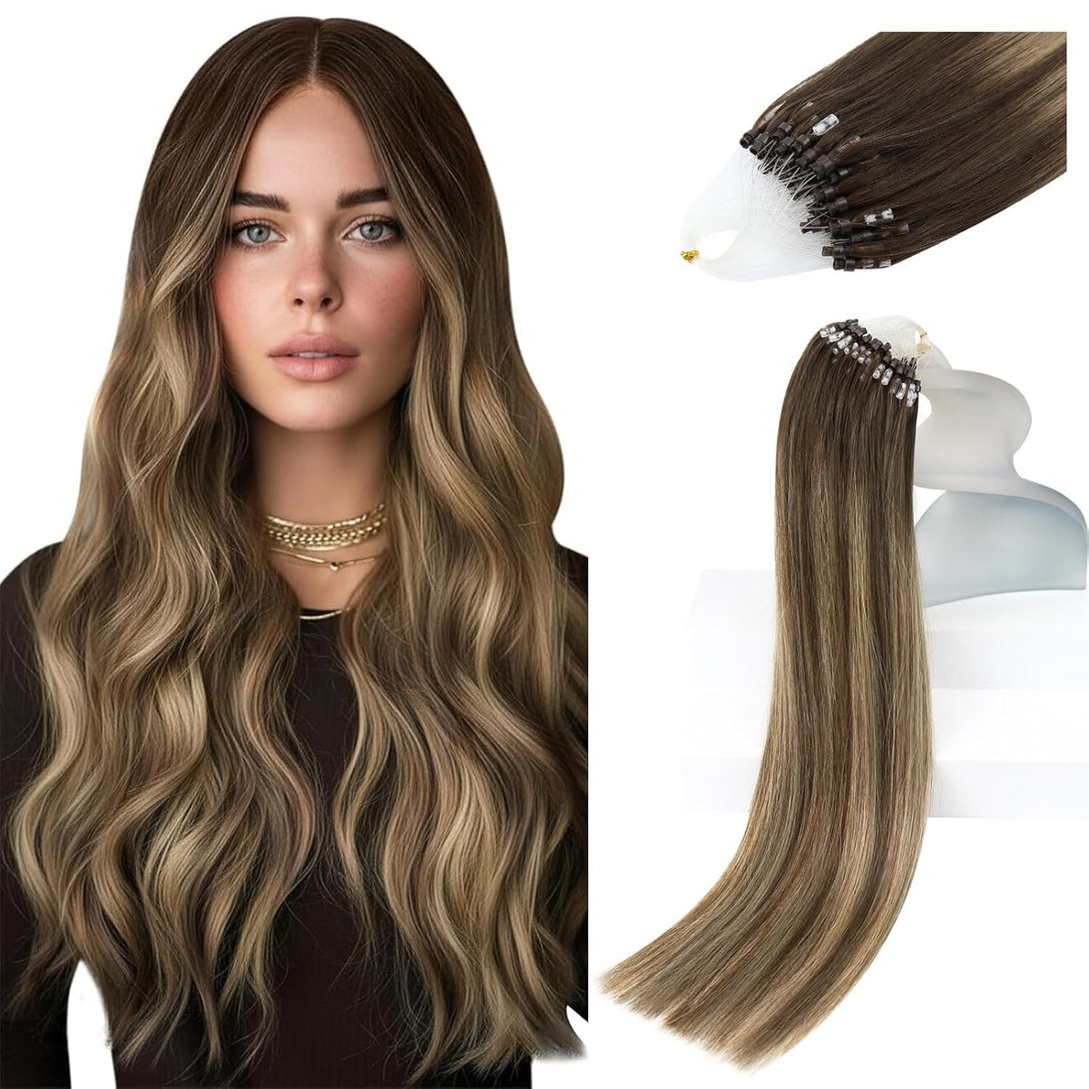 Sunny Hair Micro Link Extensions 18 Inch Brown Ombre Blonde front view