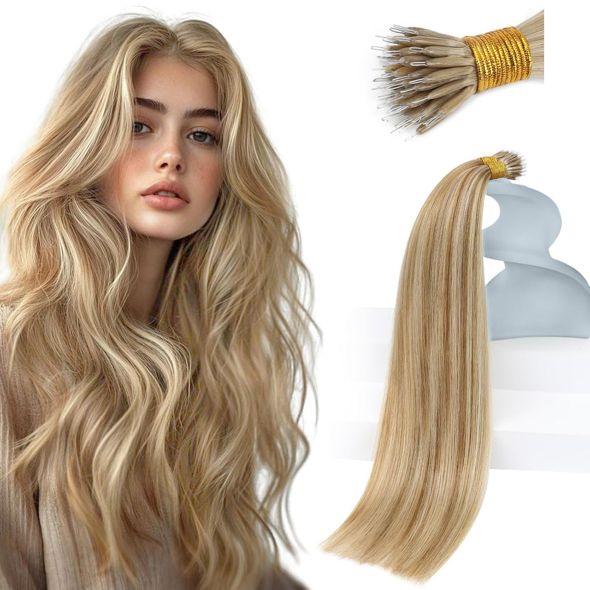 Sunny Hair Nano Bead Extensions Light Blonde Highlight front view