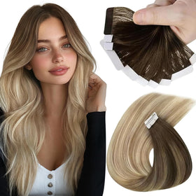 Sunny Hair Tape in Extensions 24 Inch dark brown balayage blonde front view