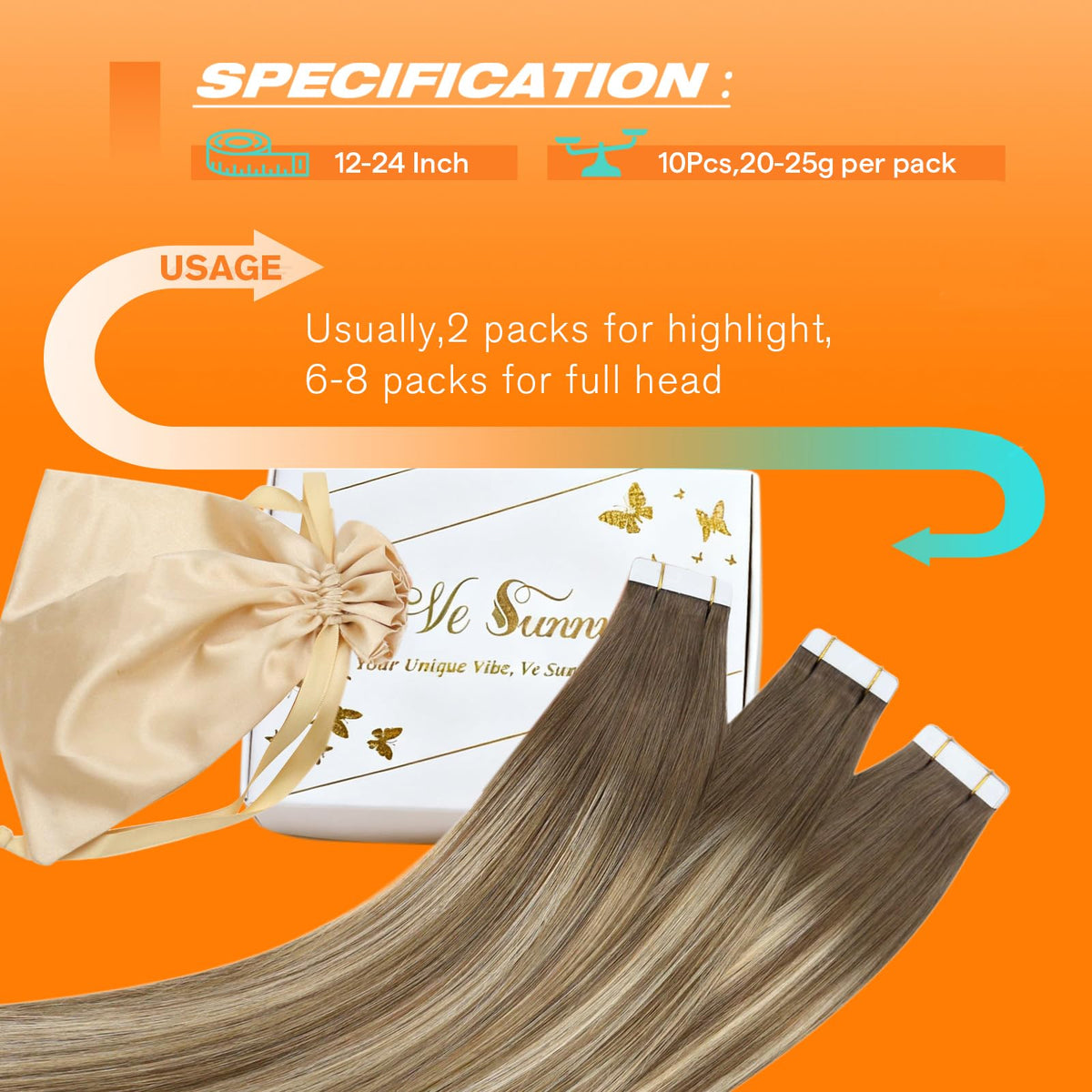 Sunny Hair Tape in Extensions Light Brown Balayage Blonde back view