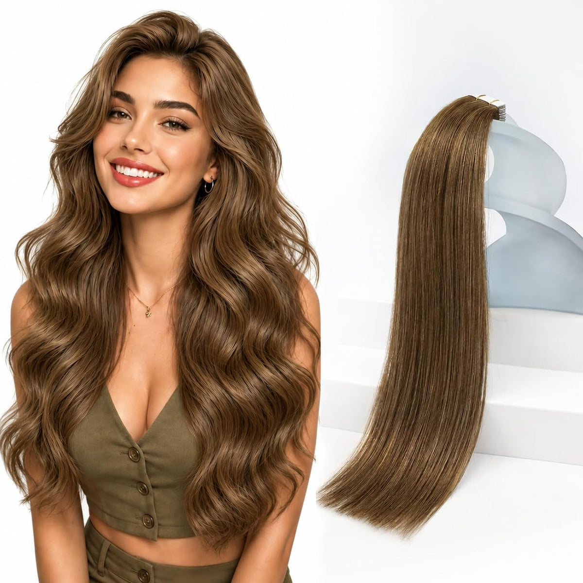 Sunny Hair Tape in Extensions Light Chestnut Brown 20in front view