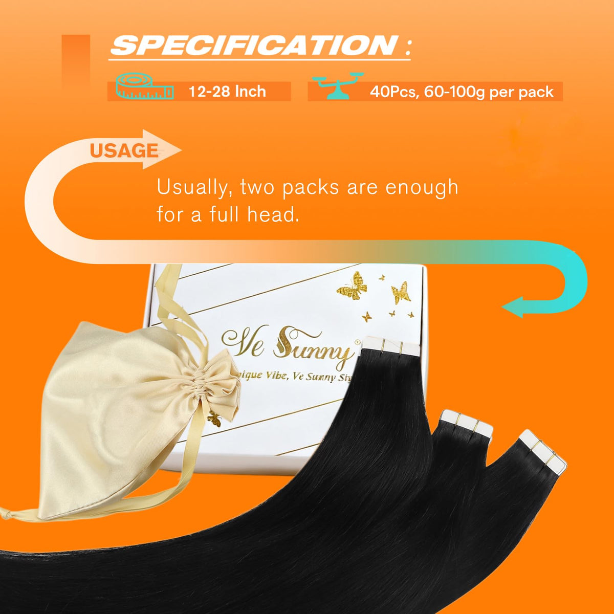 Sunny Hair Tape in Extensions Long Black 28 Inch back view