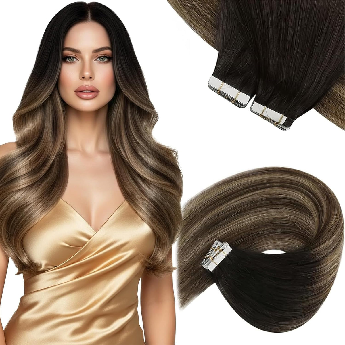 Sunny Hair Tape in Extensions Natural Black Brown Balayage front view