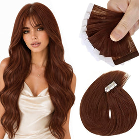 Sunny Hair Tape in Extensions Warm Mahogany Brown front view
