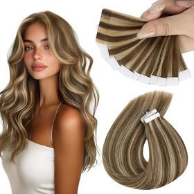 Sunny Hair Tape in Hair Extensions 22in brown highlight blonde front view