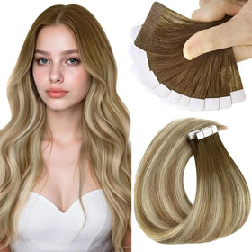 Sunny Hair Tape in Hair Extensions Brown Balayage Blonde front view