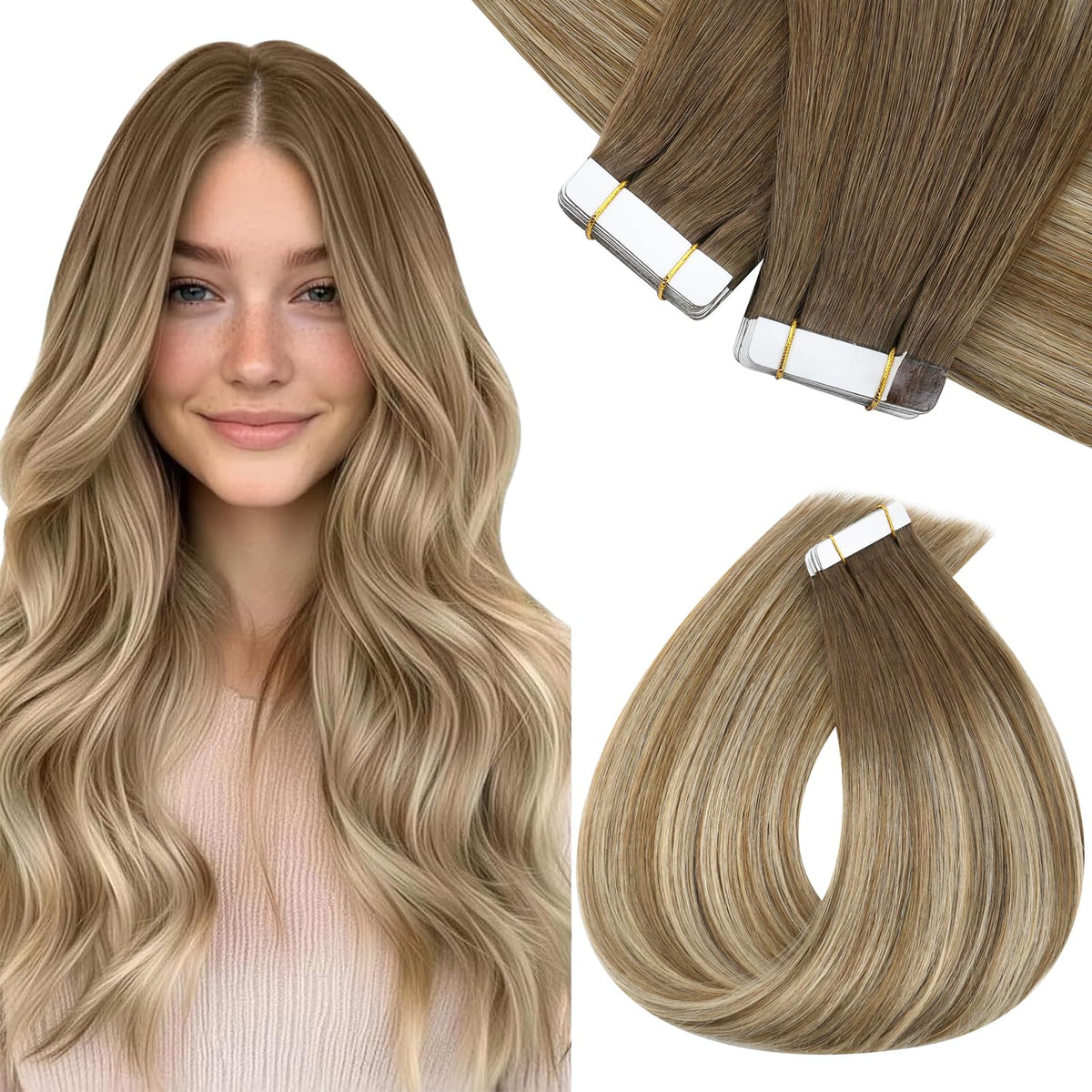 Sunny Hair Tape in Hair Extensions Light Brown Balayage front view