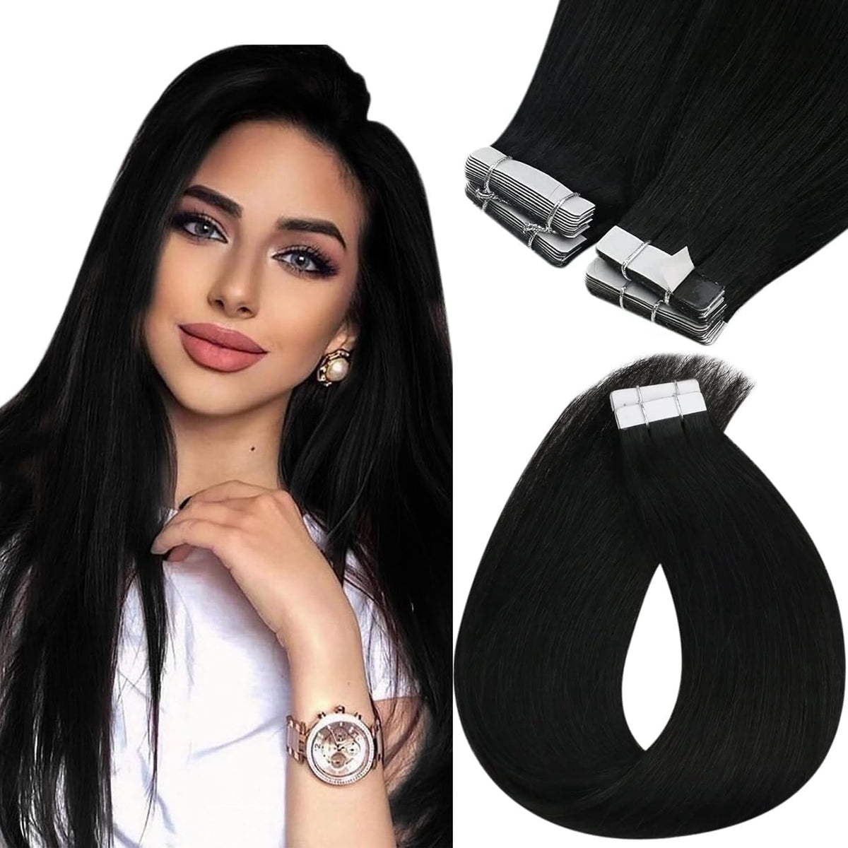 Sunny Hair Tape in Human Hair Extensions Jet Black front view