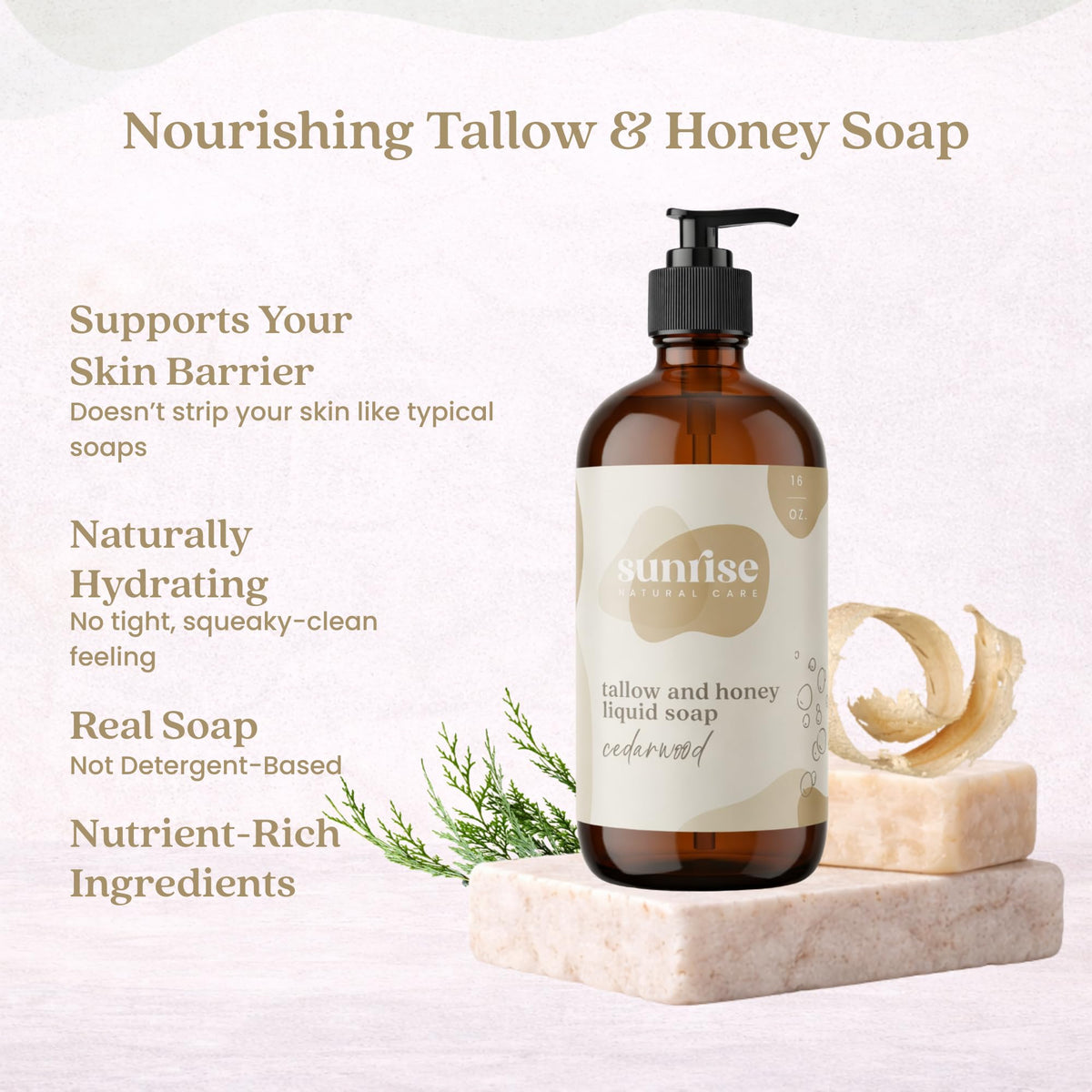 Sunrise Natural Care Tallow & Honey Liquid Soap Cedarwood glass bottle with pump