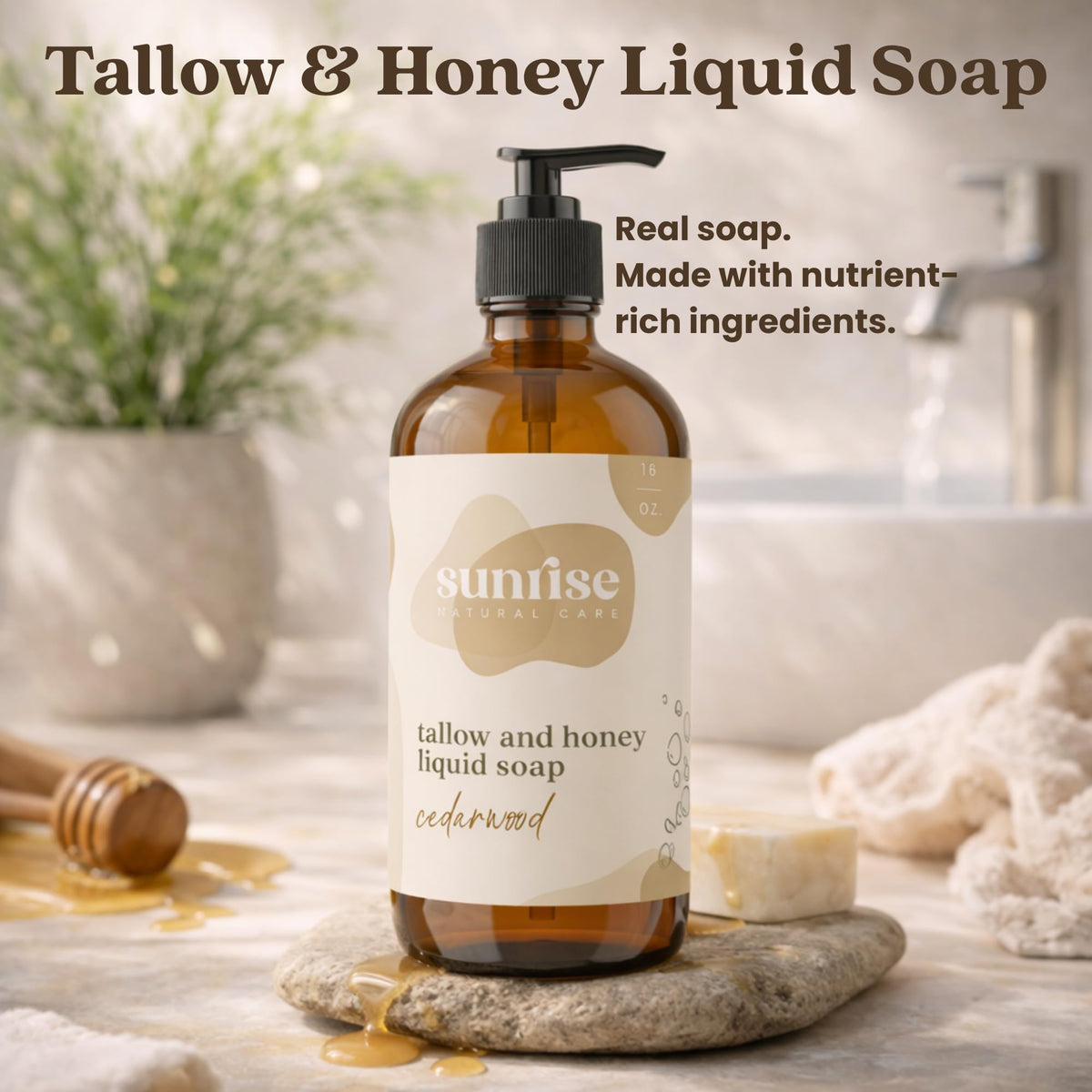 Sunrise Natural Care Tallow & Honey Liquid Soap Cedarwood side view