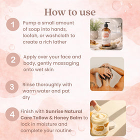 Sunrise Natural Care Tallow & Honey Liquid Soap displayed in a bathroom setting