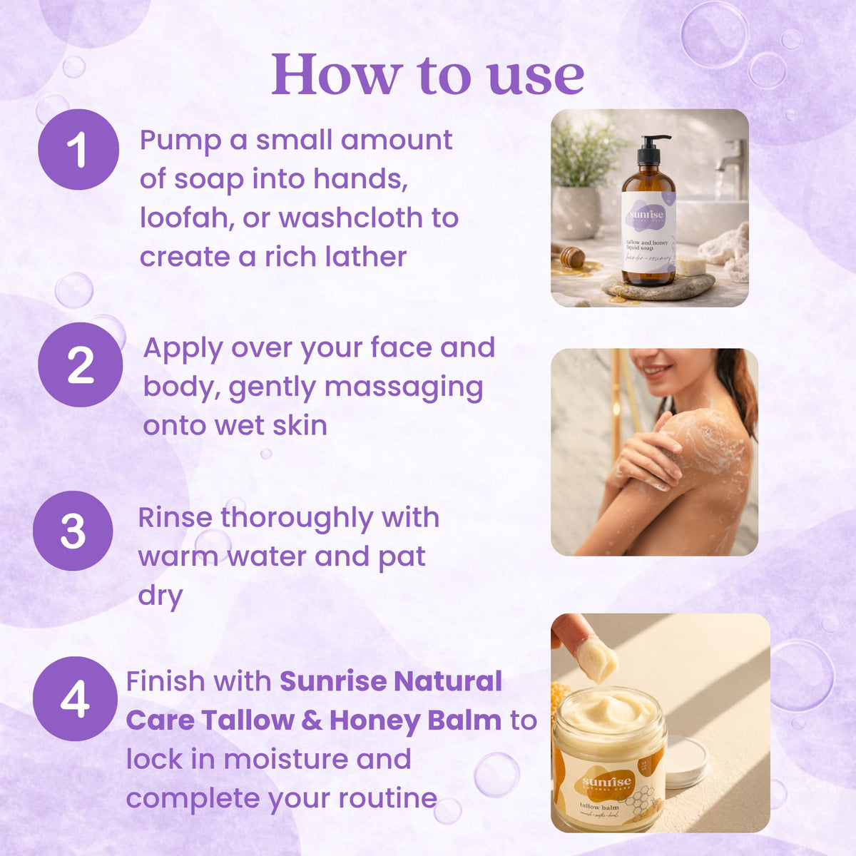 Sunrise Natural Care Tallow & Honey Liquid Soap in a bathroom setting
