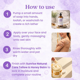 Sunrise Natural Care Tallow & Honey Liquid Soap in a bathroom setting