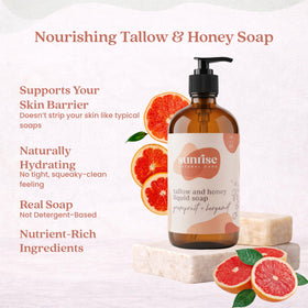 Sunrise Natural Care Tallow & Honey Liquid Soap in premium glass bottle