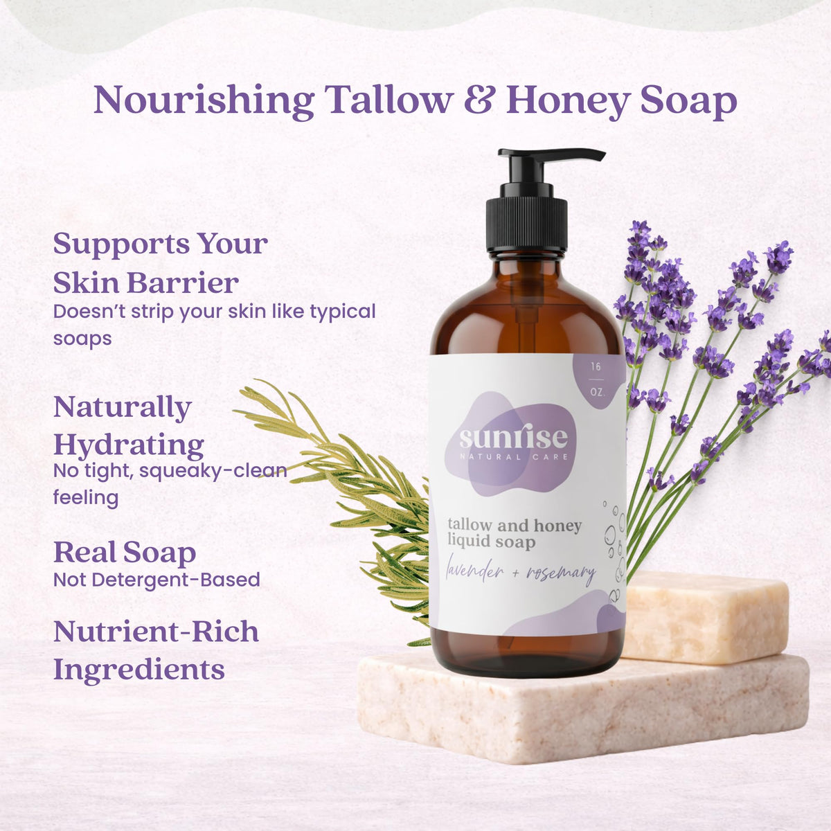 Sunrise Natural Care Tallow & Honey Liquid Soap Lavender Rosemary texture close-up