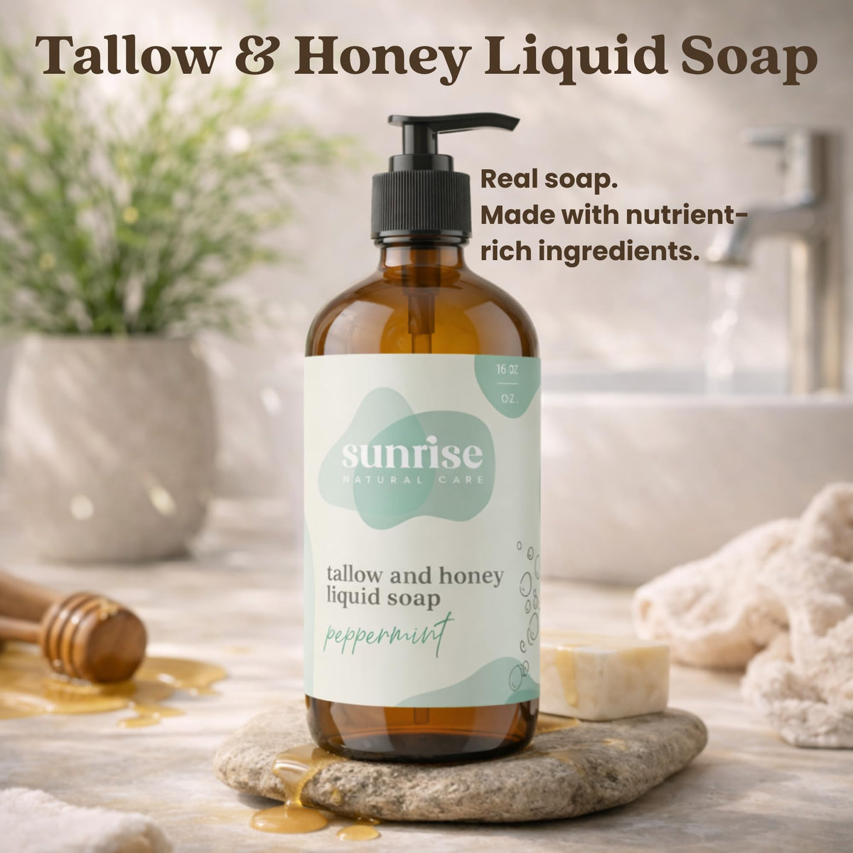 Sunrise Natural Care Tallow & Honey Liquid Soap Peppermint bottle close-up
