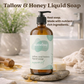 Sunrise Natural Care Tallow & Honey Liquid Soap Peppermint bottle close-up