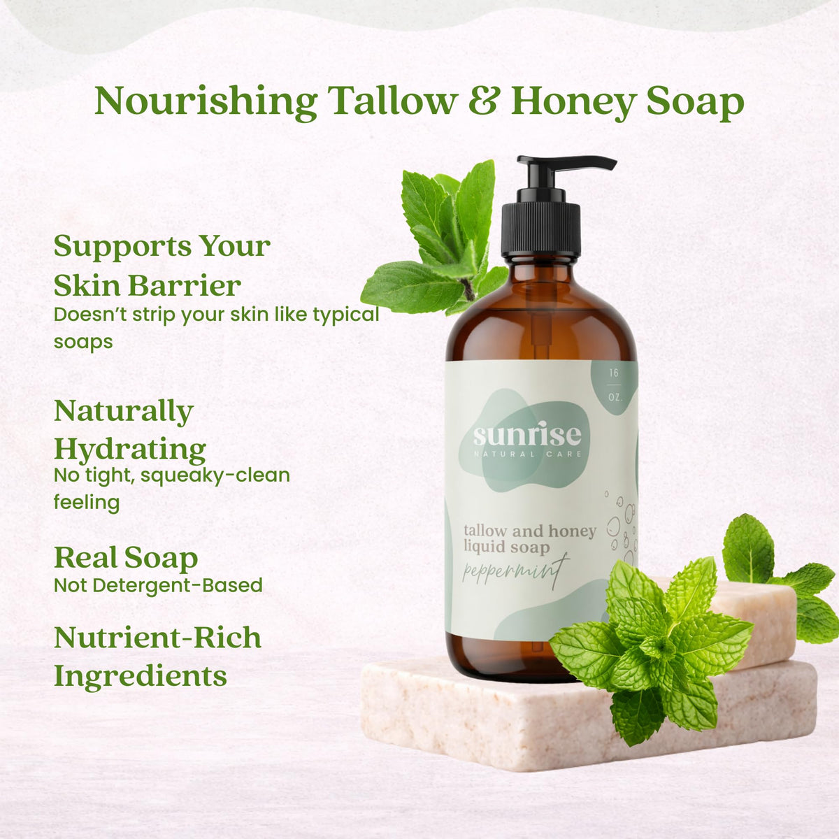 Sunrise Natural Care Tallow & Honey Liquid Soap Peppermint lathering in hands