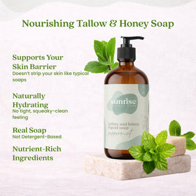 Sunrise Natural Care Tallow & Honey Liquid Soap Peppermint lathering in hands