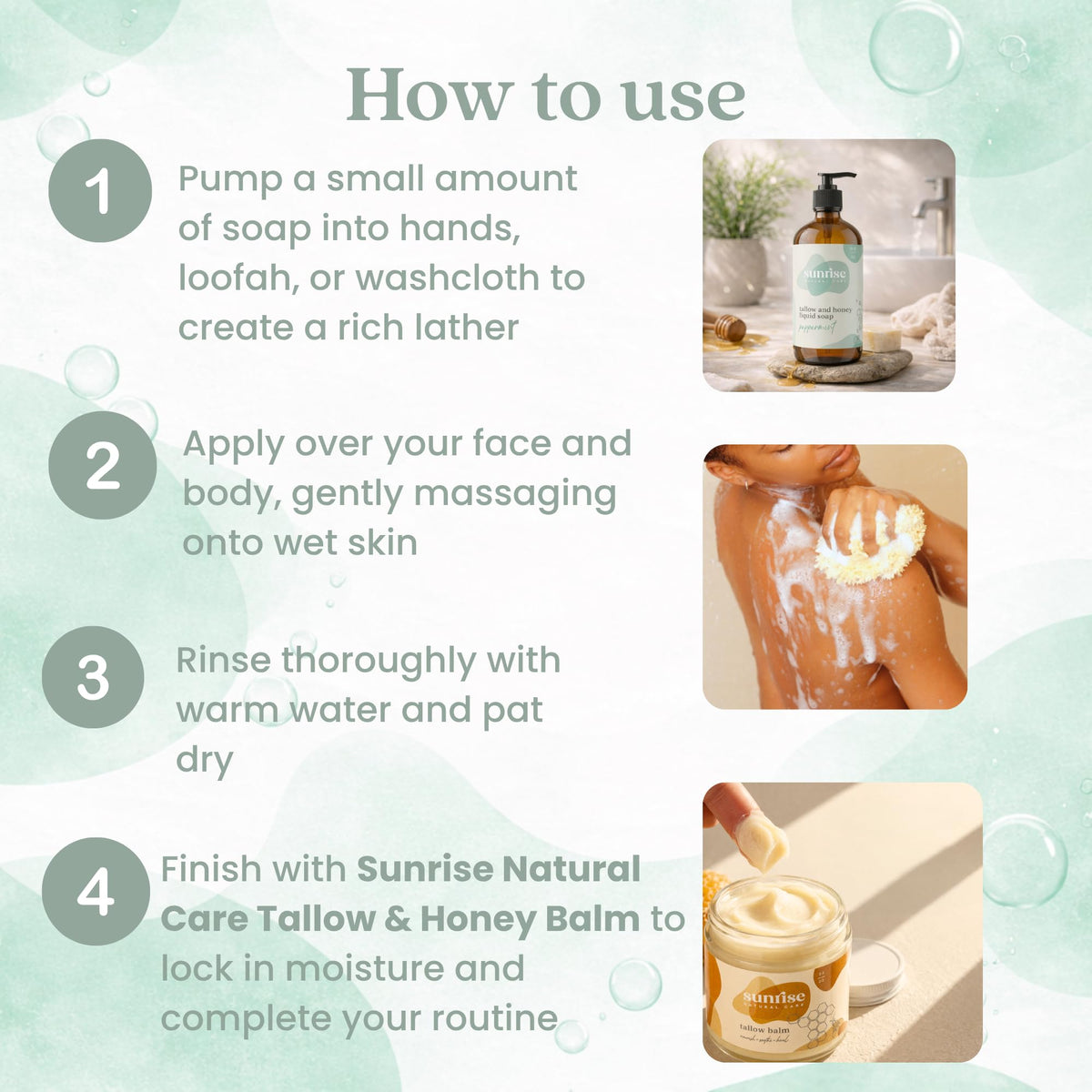 Sunrise Natural Care Tallow & Honey Liquid Soap Peppermint on bathroom counter