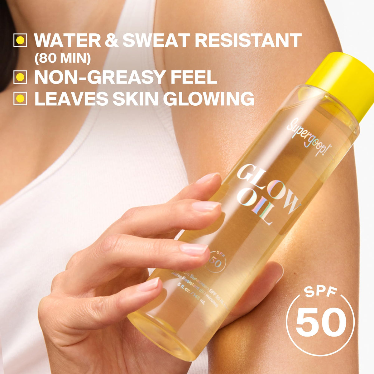 Supergoop! Glow Oil application on skin with a glowing finish