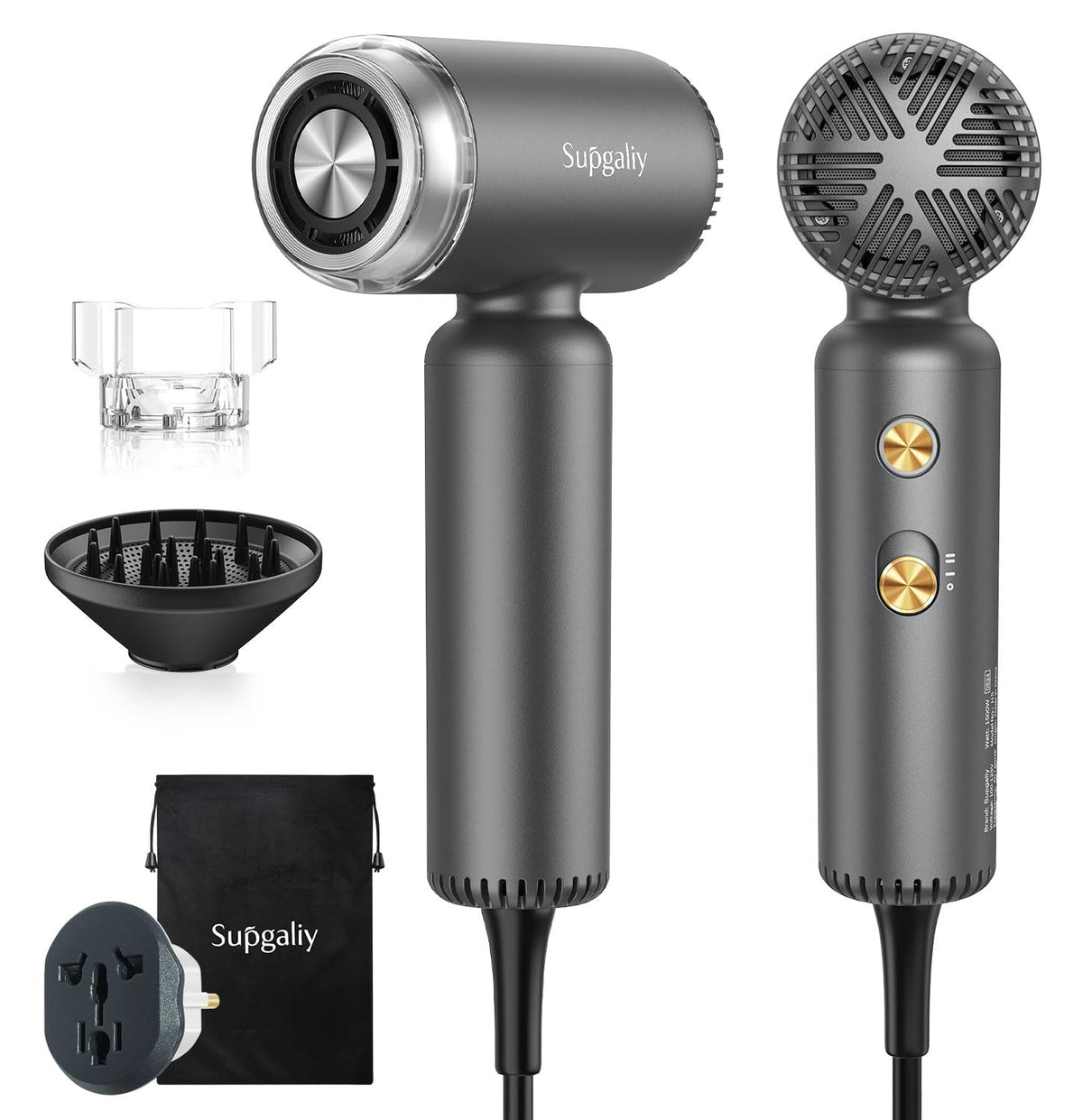 SUPGALIY Dual Voltage Hair Dryer front view with magnetic diffuser