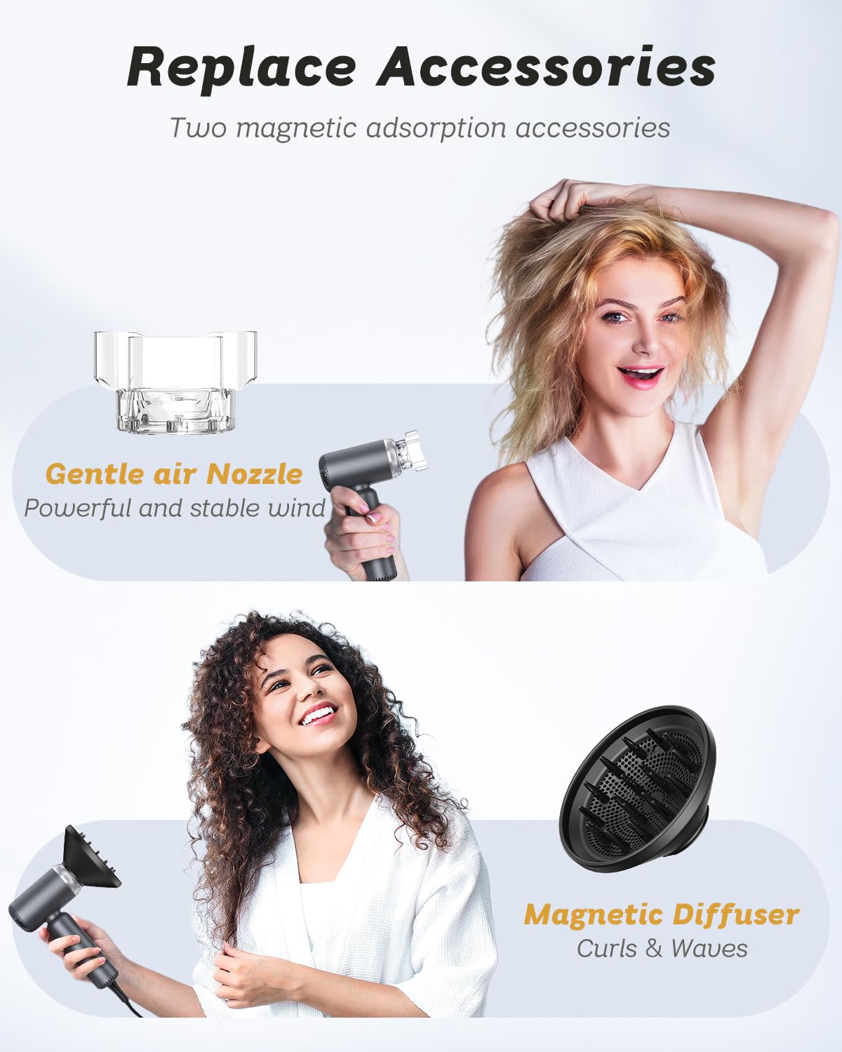 SUPGALIY Dual Voltage Hair Dryer in lifestyle scene with user styling hair
