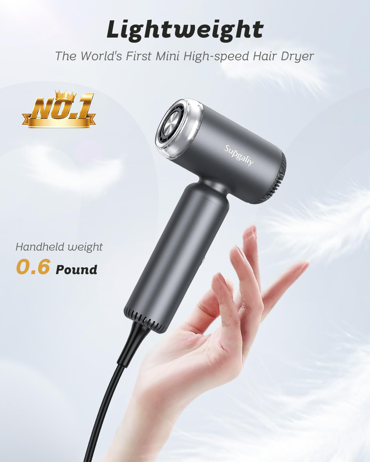 SUPGALIY Dual Voltage Hair Dryer side view showing compact design