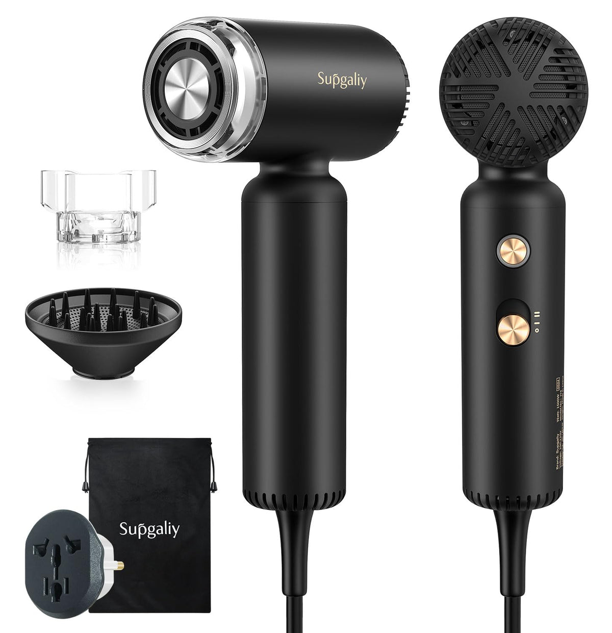 SUPGALIY Dual Voltage Travel Hair Dryer in black with ergonomic handle