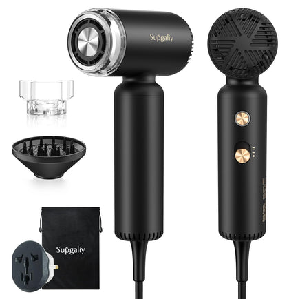 SUPGALIY Dual Voltage Travel Hair Dryer in black with ergonomic handle
