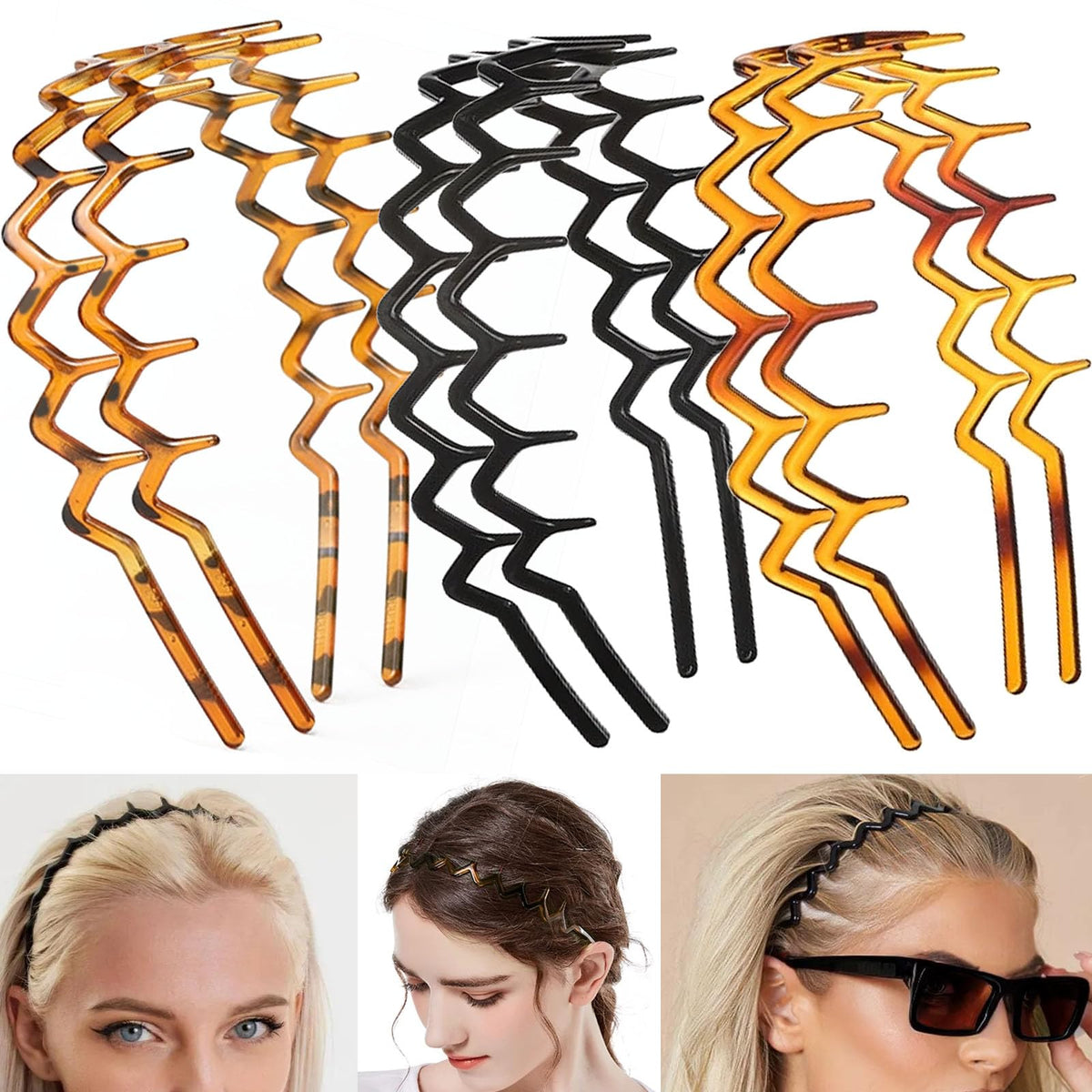 Supgoodom 6 PCS Zig Zag Headbands in classic black and retro leopard patterns