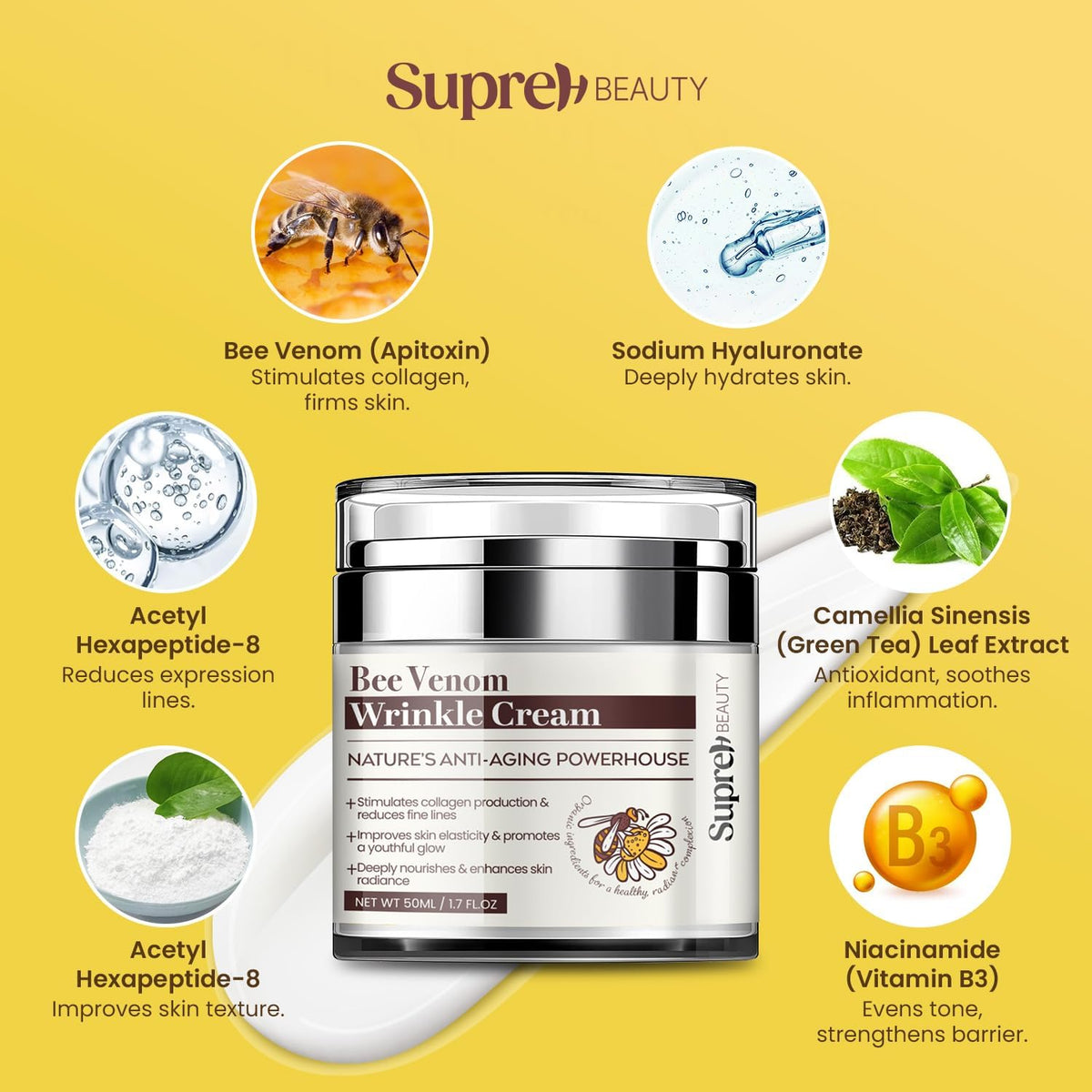 SupreH Bee Venom Wrinkle Cream on a vanity setup