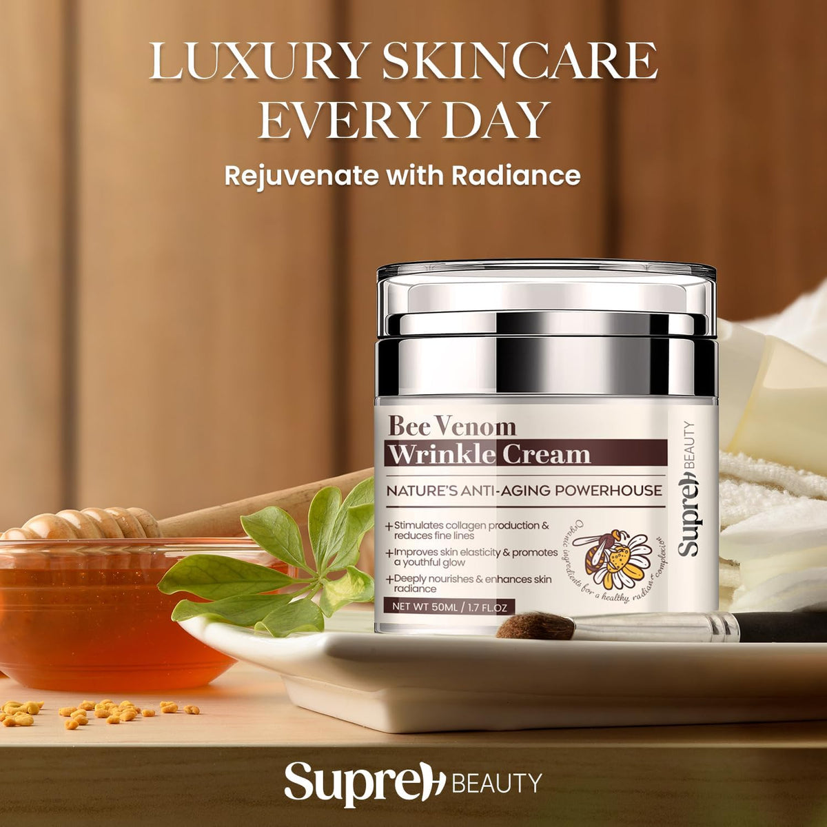 SupreH Bee Venom Wrinkle Cream with natural background