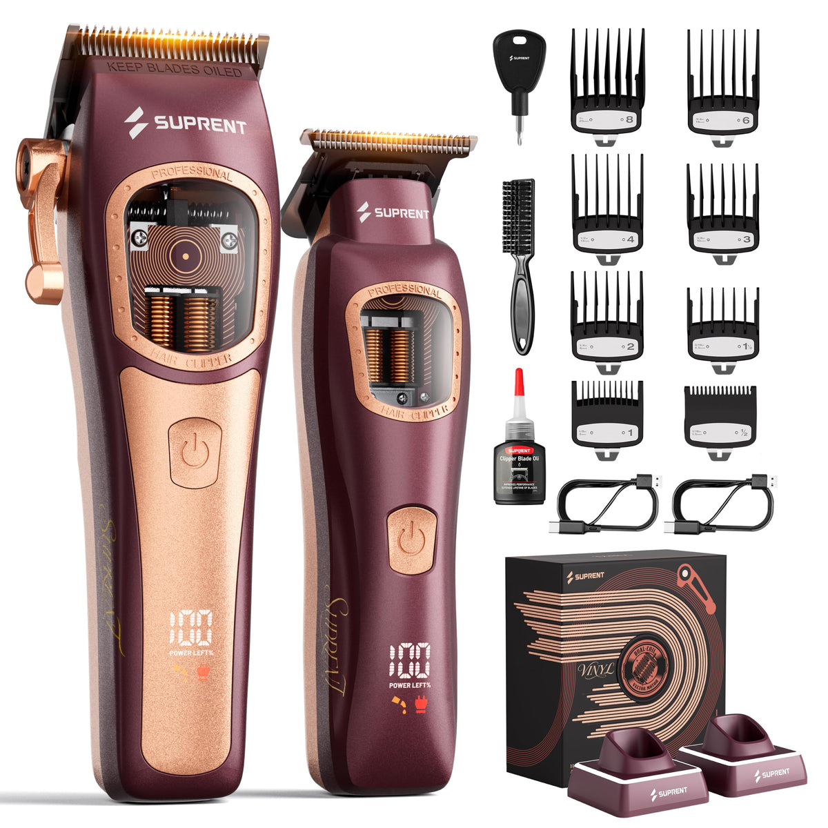 SUPRENT Professional Barber Clippers front view with charging stand