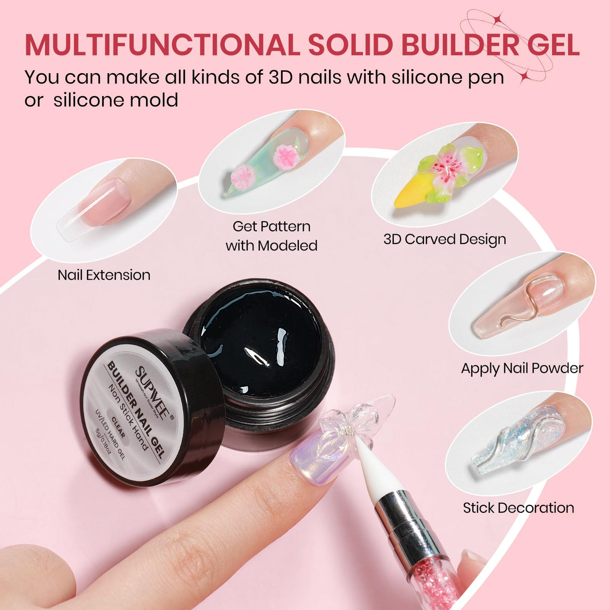 SUPWEE 3D Gel Nail Art Sculpture tools including silicone pen and molds