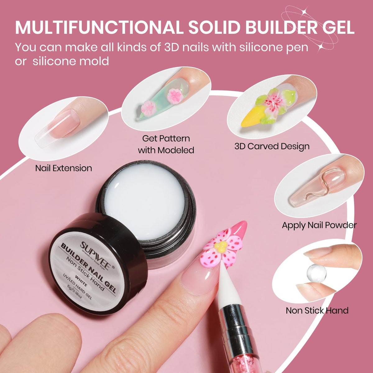 SUPWEE 3D Nail Gel Sculpting Gel with nail extend molds and silicone pen